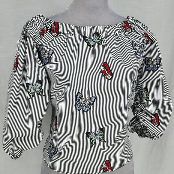 Zara Top Womens XS White Gray Stripe Blouse Embroidered Butterflies Whimsy Boho - Picture 10 of 16